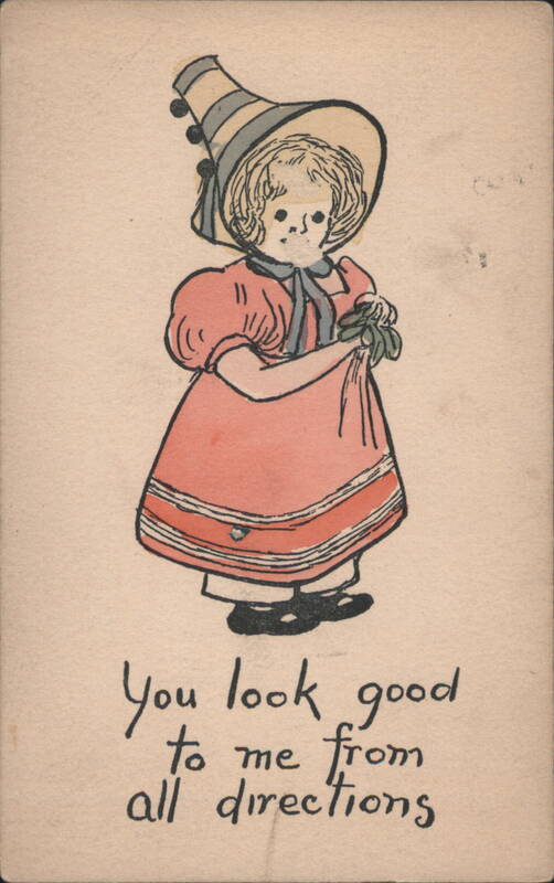Sunbonnet Baby Girl in Pink Dress with Mistletoe Sunbonnet Babies