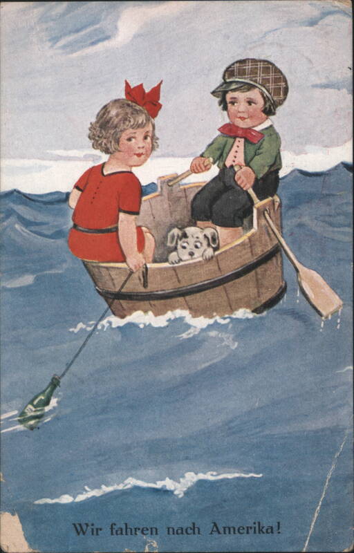 Wir fahren nach Amerika! Children in Tub Boat with Dog