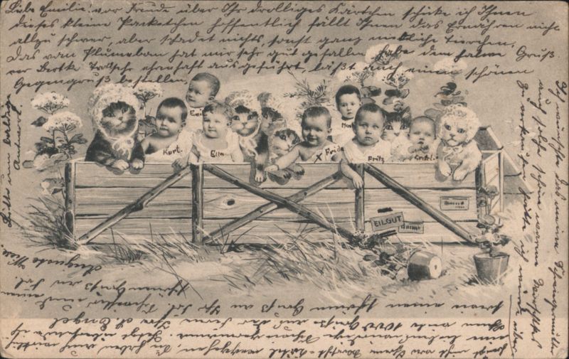 Babies and Cats in a Cart with Bonnets Multiple Babies