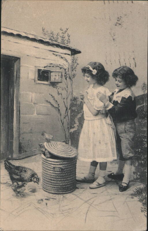 Children with Hen and Chicks by a Woven Basket With Chicks