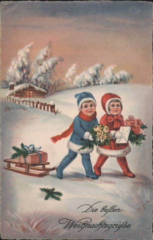 Children with Flowers and Sled, Die besten Weihnachtsgrüße