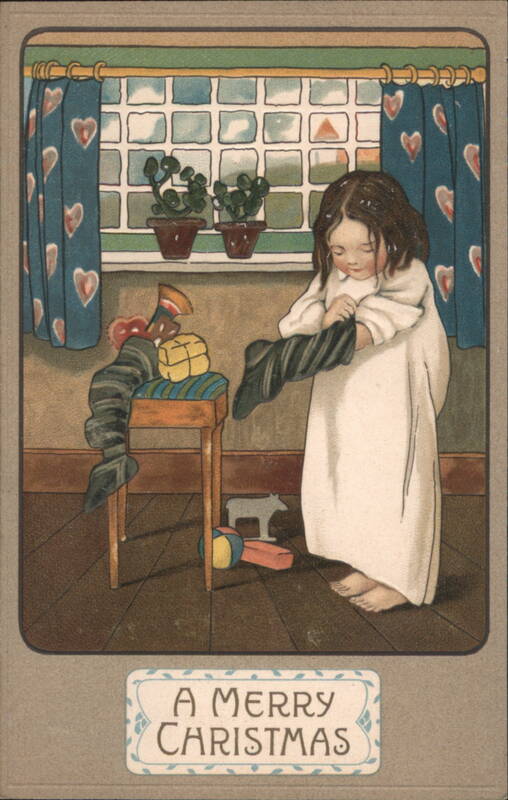 Girl in Nightgown with Christmas Stockings Children