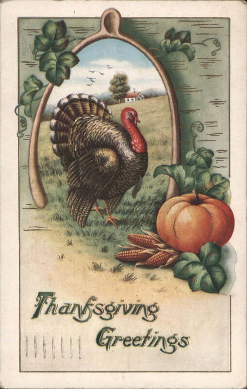 Thanksgiving Greetings with Turkey, Pumpkin and Wishbone
