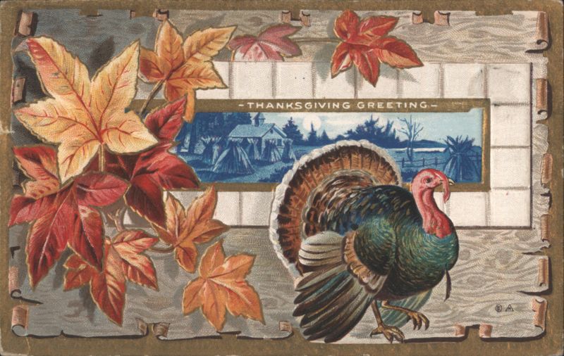 Thanksgiving Greeting with Turkey and Autumn Leaves