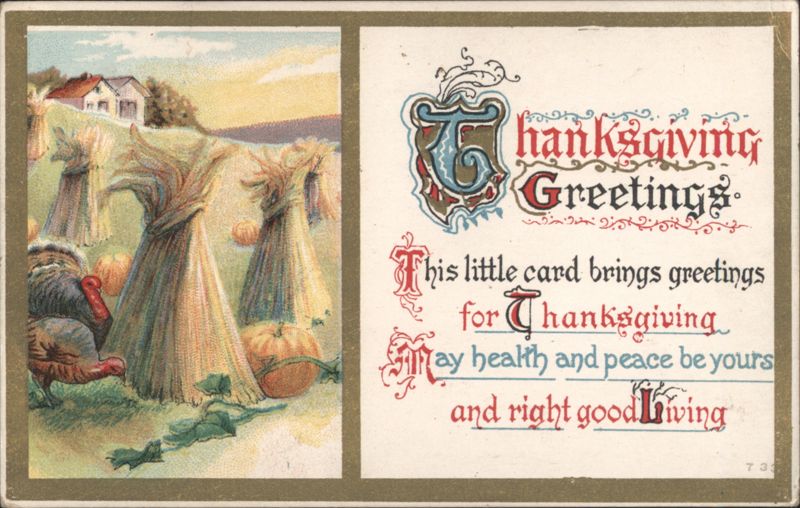 Thanksgiving Greetings with Turkey, Corn Shocks and Pumpkins