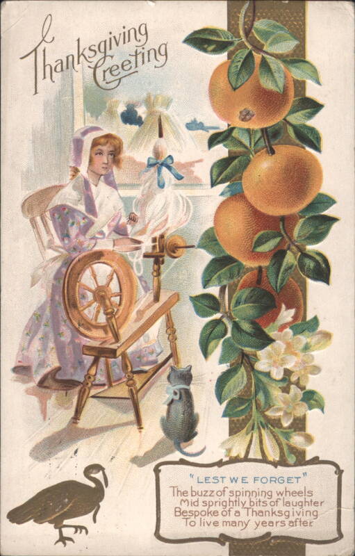 Thanksgiving Greeting, Woman at Spinning Wheel and Turkey