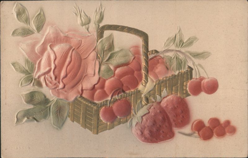 Embossed Pink Rose with Basket of Fruit and Strawberries