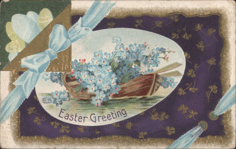 Easter Greeting Forget-Me-Nots in Boat with Blue Bow