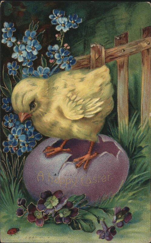 Yellow Chick on Broken Purple Easter Egg & Forget-Me-Nots