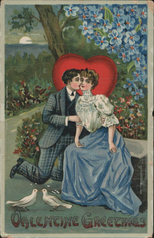 Valentine Greetings Couple with Large Red Heart and Doves