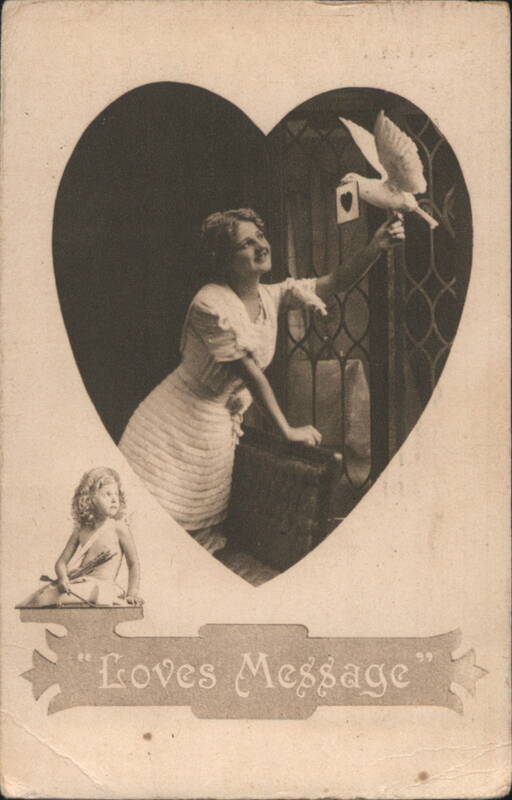 Loves Message Woman with Dove and Cupid in Heart
