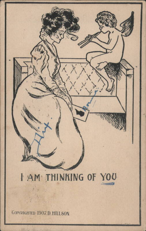I Am Thinking of You Woman and Cupid Illustration