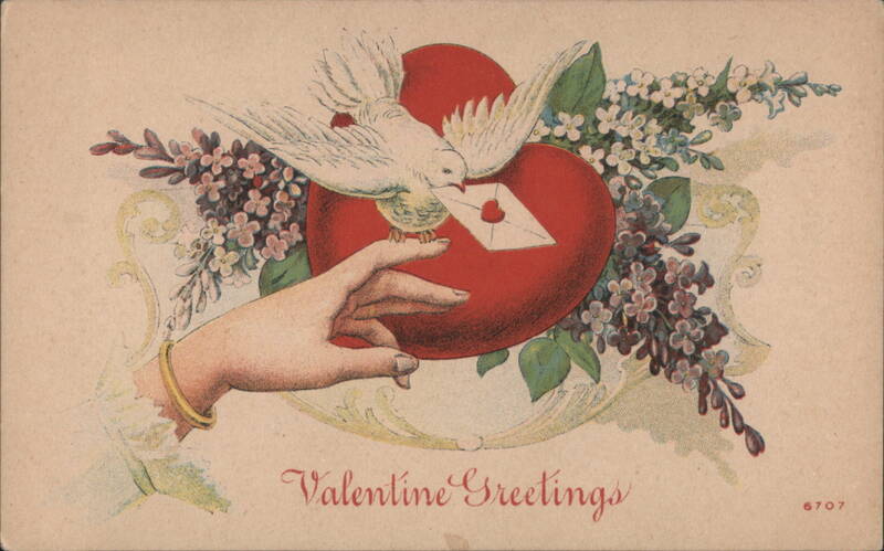 Valentine Greetings with Dove, Hand, and Large Red Heart