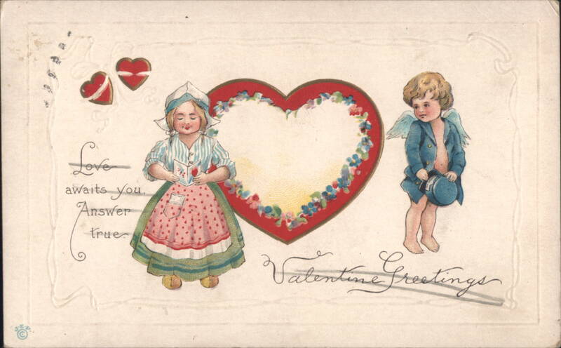 Dutch Girl and Cupid with Large Heart Valentine Greetings