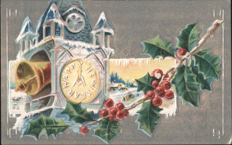 Happy New Year Clock Tower, Bell & Holly Berries