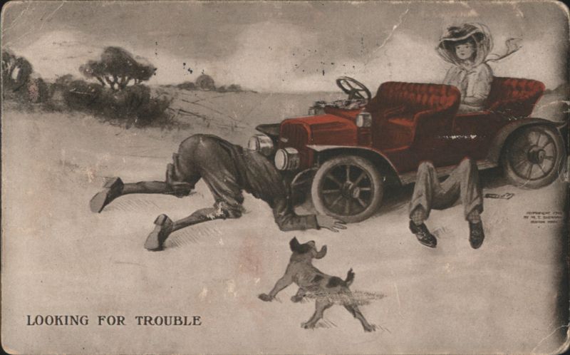 Looking for Trouble Humorous Scene with Red Antique Car