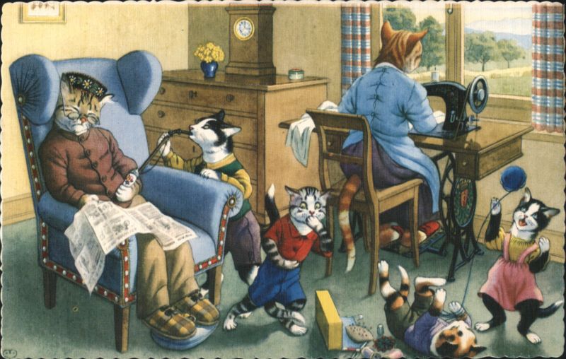 Dressed Cats Family Scene with Sewing Machine and Kittens