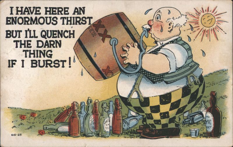 Man Drinking from Enormous Beer Barrel Humorous Comic