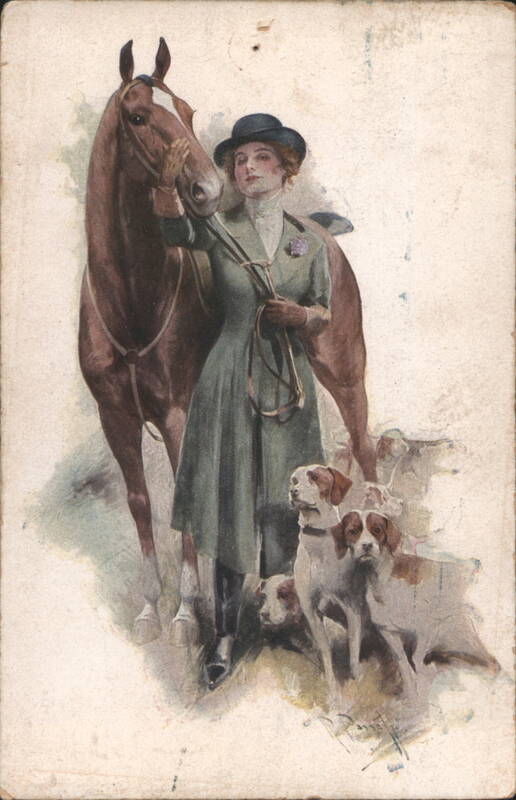 Woman in Riding Habit with Horse and Hunting Dogs Dante