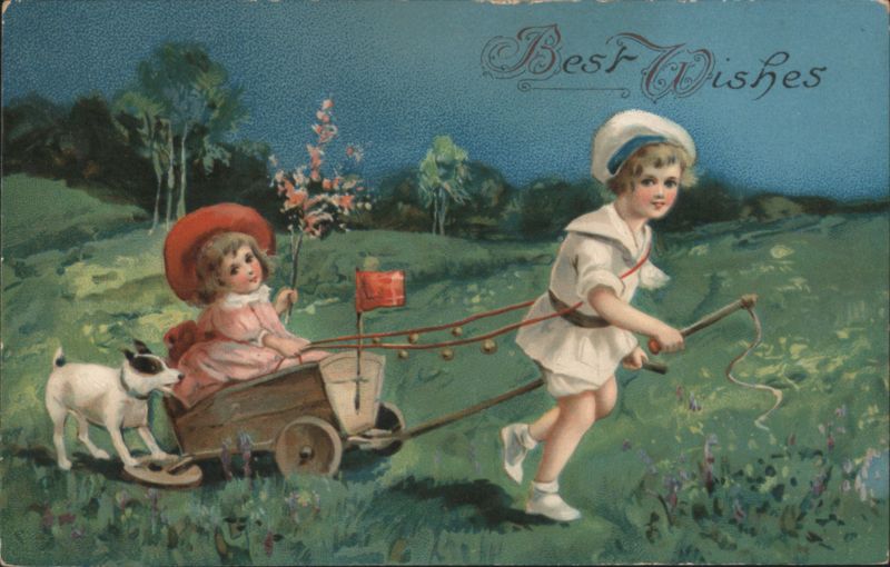 Boy in Sailor Suit Pulling Girl in Cart with Dog Children