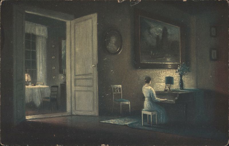 Woman Playing Piano in Dimly Lit Interior, Abendlied