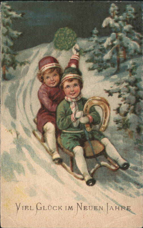 Children Sledding with Lucky Horseshoe, New Year Greeting