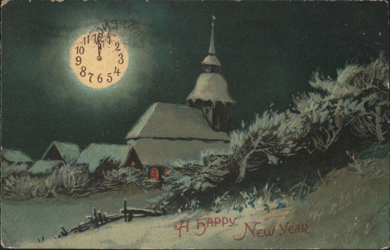 A Happy New Year Winter Scene with Midnight Clock Moon