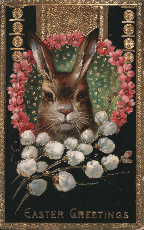 Easter Greetings Bunny with Pussy Willows and Flowers