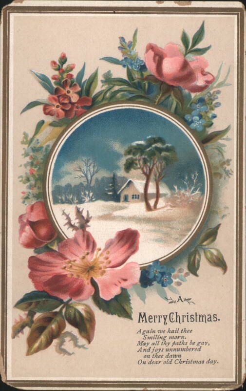 Merry Christmas Winter Scene Vignette with Pink Roses