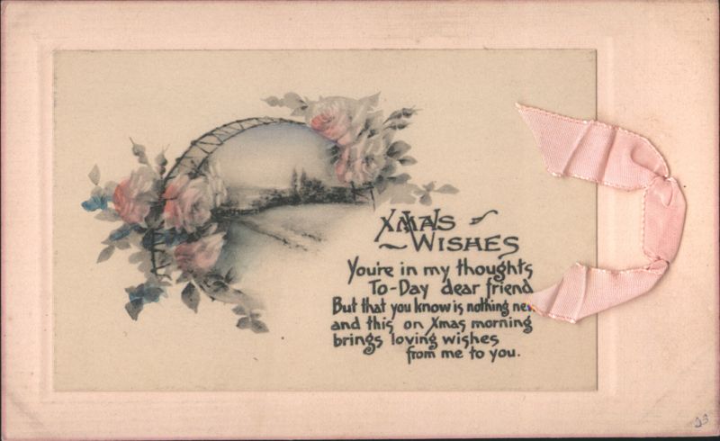 Xmas Wishes Landscape Vignette with Pink Roses and Ribbon