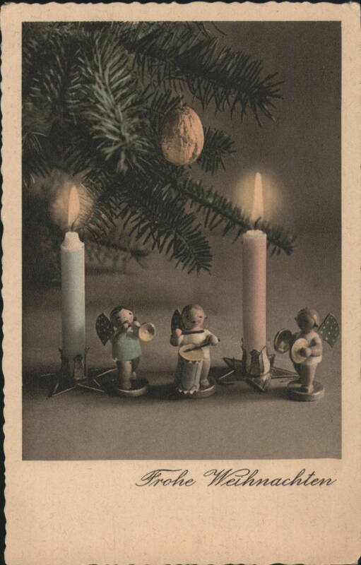 Frohe Weihnachten Angels with Candles and Pine Branch