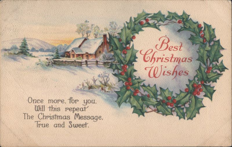 Best Christmas Wishes Winter Cottage and Holly Wreath