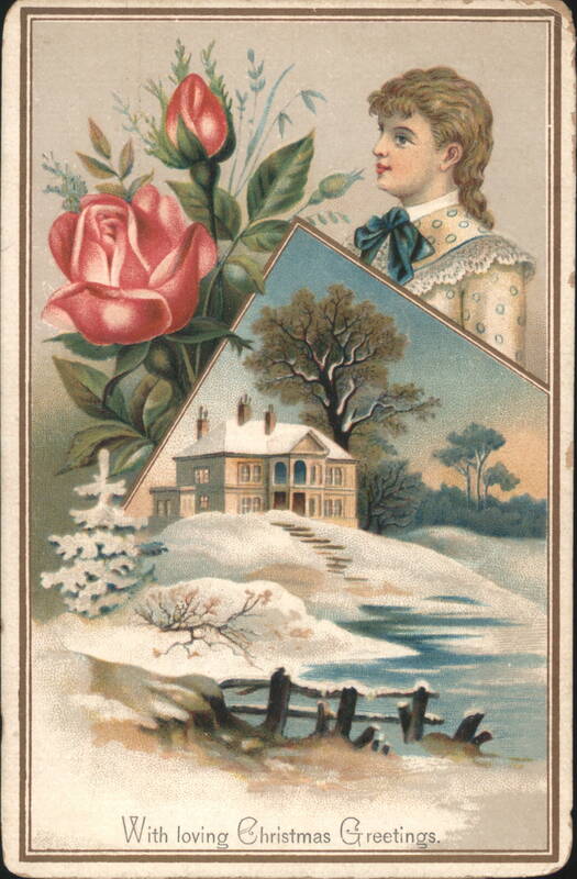 With Loving Christmas Greetings, Girl, Roses & Winter Scene