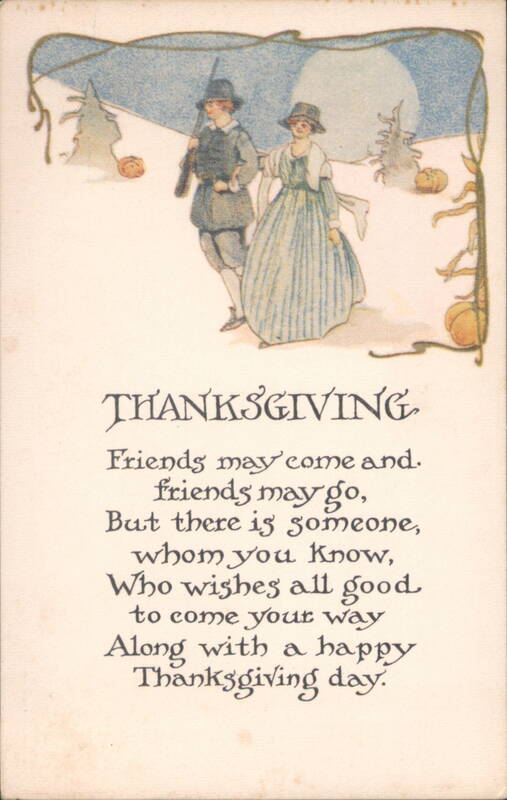 Pilgrim Couple Walking with Thanksgiving Poem and Pumpkins