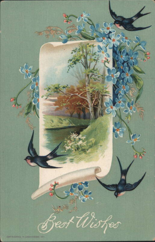 Best Wishes Scroll with Landscape, Swallows & Forget-Me-Nots