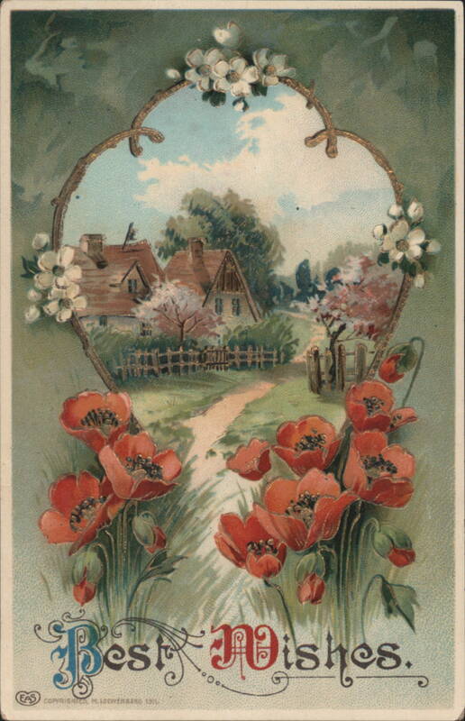 Best Wishes Poppies and Cottage in Heart Frame Flowers
