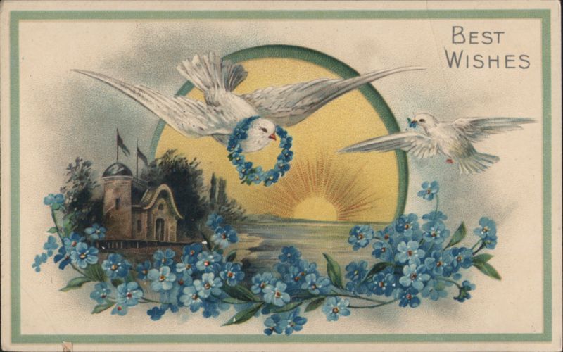 Best Wishes Doves with Forget-Me-Not Wreath and Sunrise