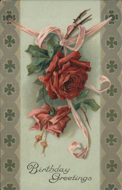 Red Rose and Pink Ribbon with Shamrock Border Birthday Germany