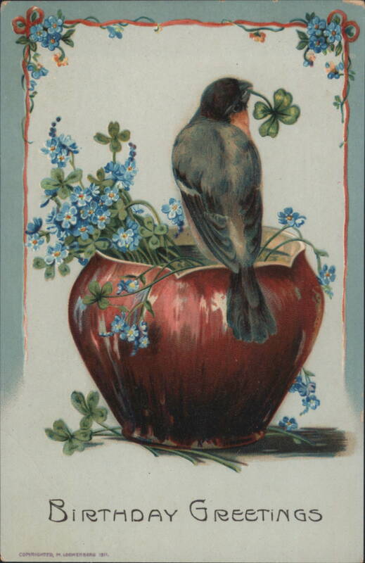 Birthday Greetings Bird with Four-Leaf Clover and Flowers