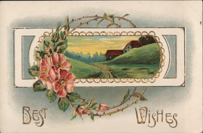 Best Wishes Greeting with Pink Roses and Rural Landscape