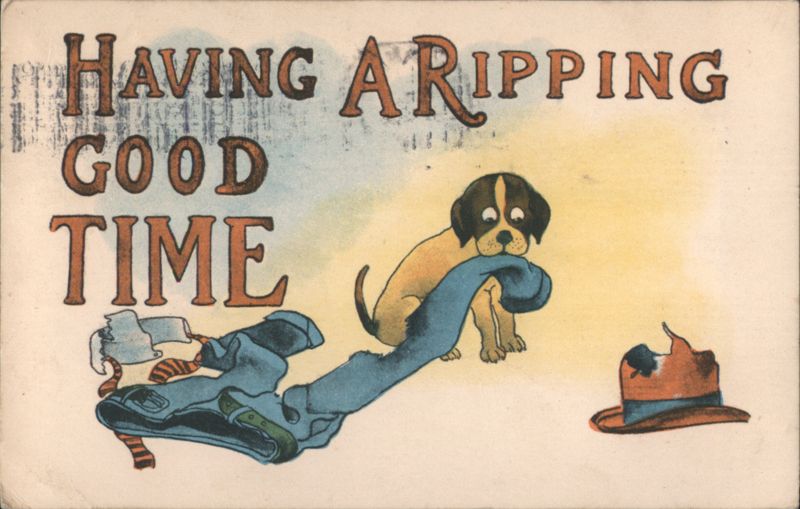 Having a Ripping Good Time Puppy Chewing Pants Comic, Funny