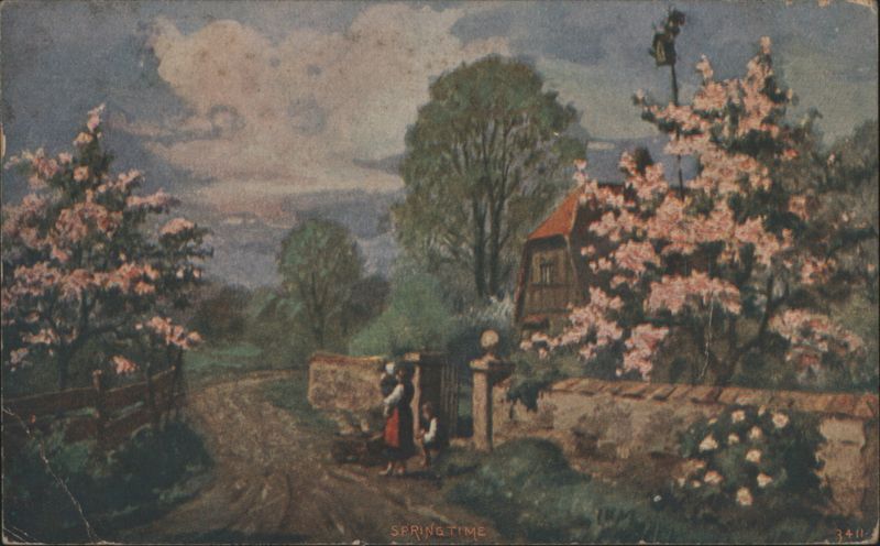 Springtime Rural Scene with Blossoming Trees and Figures
