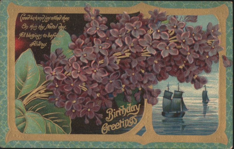 Birthday Greetings with Purple Lilacs and Sailing Ships