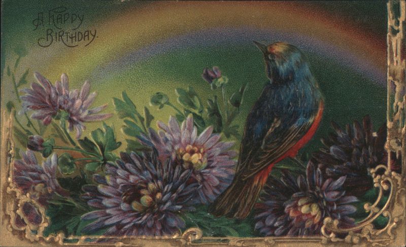 A Happy Birthday Bluebird and Purple Chrysanthemums