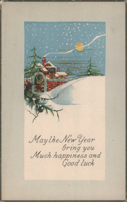 New Year Greeting with Snowy Winter House and Moon