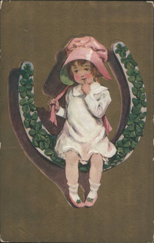 Girl in Pink Bonnet Sitting on Lucky Clover Horseshoe
