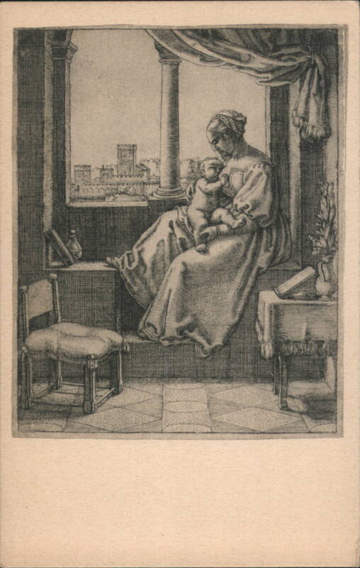 Madonna at the Window Engraving by Barthel Beham Breastfeeding