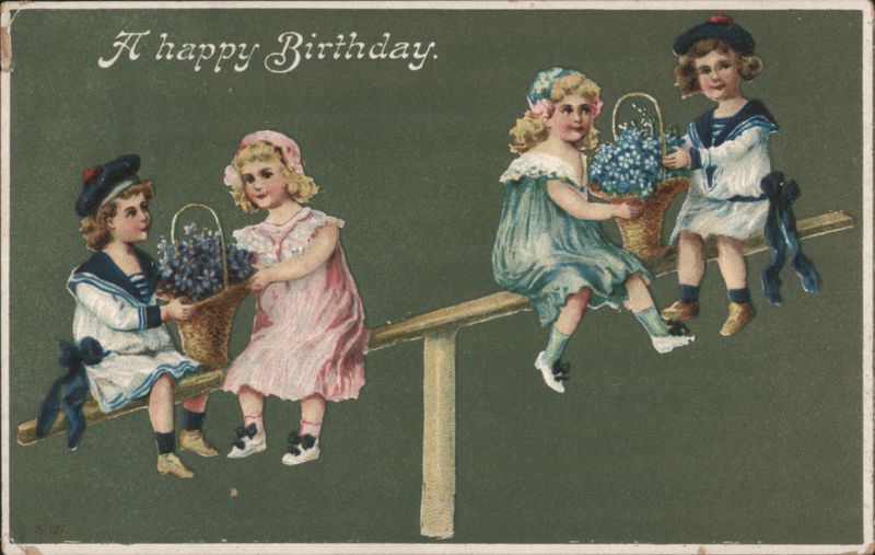Children on Seesaw with Flower Baskets Birthday Greeting