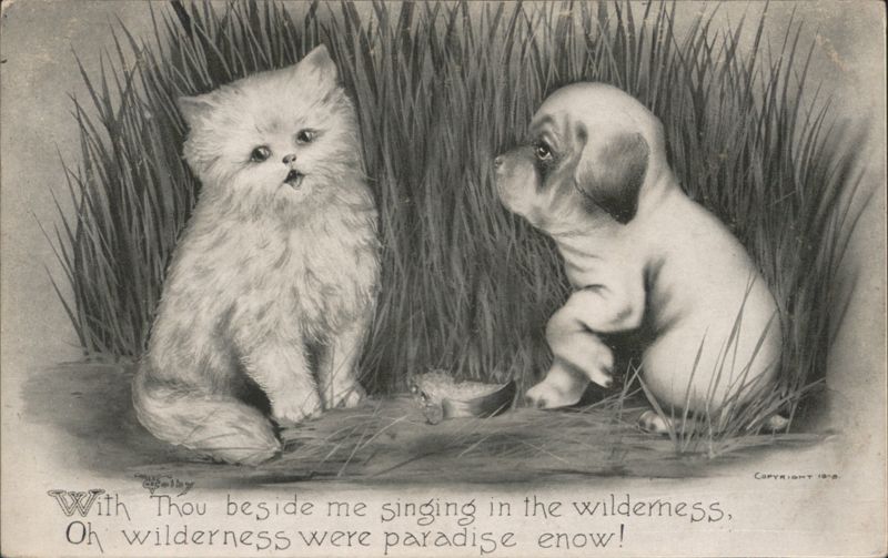 Kitten and Puppy in Grass with Omar Khayyam Quote Multiple Animals