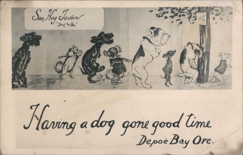 Sea Hag Tavern Humorous Dogs Waiting in Line, Depoe Bay Oregon